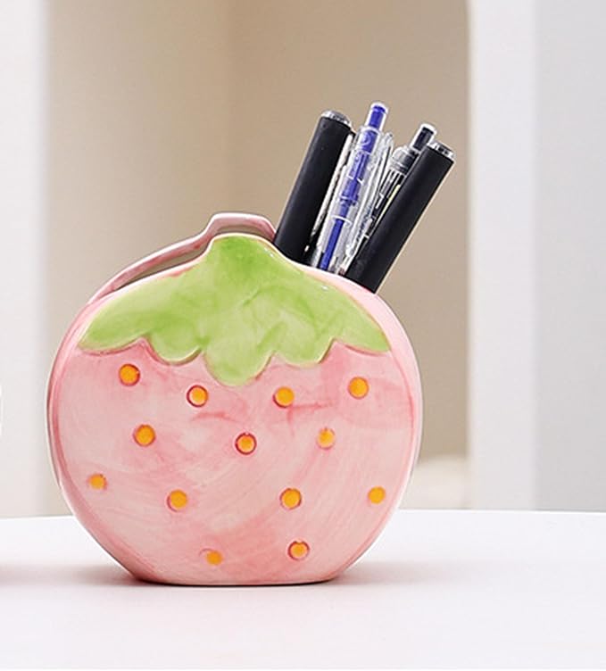1 PC Ceramic Strawberry Makeup Holder Makeup Organizer Pen Holder Desktop Organizer (Pink)