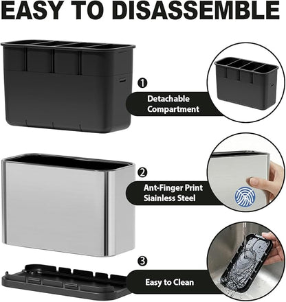 Utensil Holder, Silverware Organizer Caddy for Countertop Kitchen with 4 Compartments, Flatware Spoon Fork Tool Cutlery Holder Utensil Crock with Drain Tray for Counter Party Office, Silvery