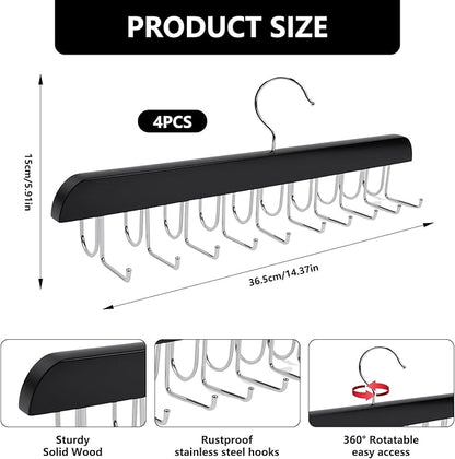 4 Pcs Tie Organizer for Closet, Wood Belt Hanger 2 in 1 Tie Racks for Men Closet with 20 Folding Hooks(Black)