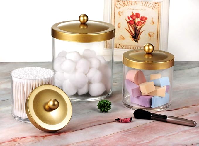 SheeChung 3-Pack Plastic Apothecary Jars with Gold Metal Lids - Large 50oz, 25oz & 15oz Clear Acrylic Storage Set - Shatterproof Modern Luxury Vanity & Home Organizer - Glam Decor