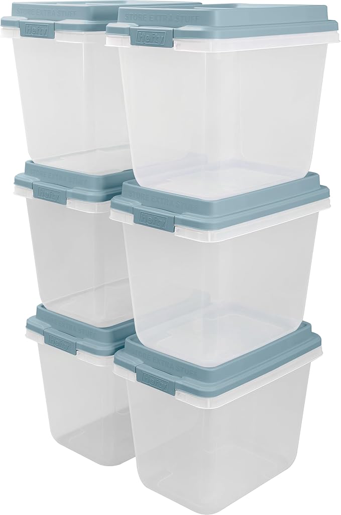 Hefty HI-RISE 32 Qt Stackable Storage Bins with Lids – 6 Pack Clear Plastic Under Bed Storage Containers, Shoe Organizer Boxes with XL Lid-Locking Latches, Comfort-Grip Handles, Durable Double Rim