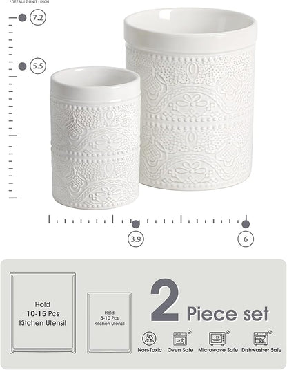 FUN ELEMENTS Kitchen Utensil Holder, 7.2+5.5" Super Large Utensil Crock Heavy and Stable Lace Emboss Ceramic Utensil Holder for Kitchen Counter(2Pcs Bright White)