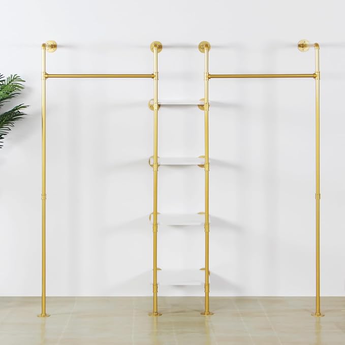 Industrial Pipe Gold Clothing Rack with Shelves, Retail Display Wall Mounted Storage Clothes Hanging Shelf Gold Pipeline Hanging Rod Steampunk Style, 4 Tier Wood Garment Rack 72.8x71inch