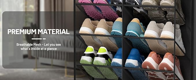30 Pairs Over the Door Shoe Organizer, Hanging Shoe Organizer with 4 Metal Hooks, Large Capacity Breathable Mesh Shoe Rack for Closet Door, Multi-Pocket Storage for Shoes, Hats, Toys, Towels (Black)