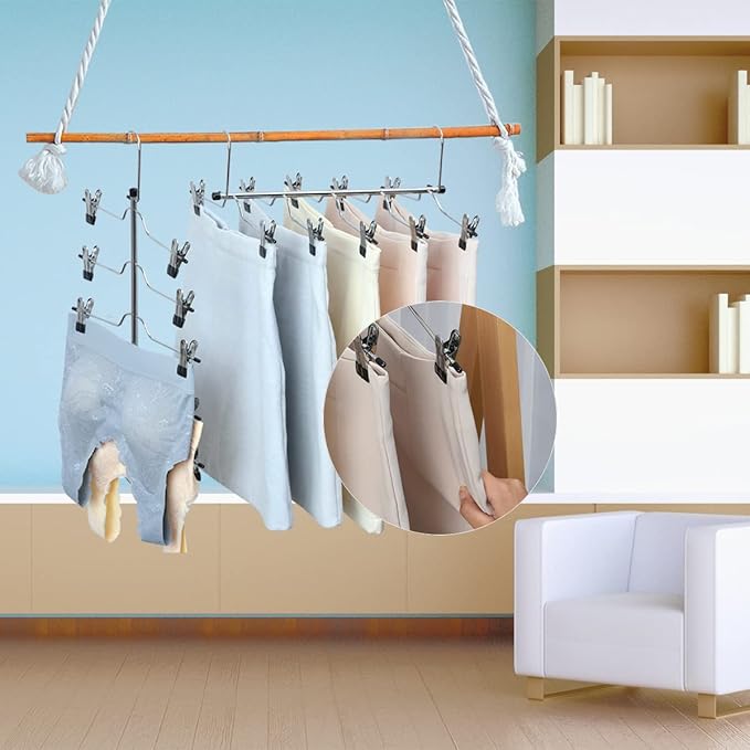 3 Pack Skirt Hangers Space Saving 5 Tier Metal Skirt Hanger with Clips, Durable Heavy Duty Trouser Pants Hangers Closet Organizer for Jeans, Slacks, Shorts