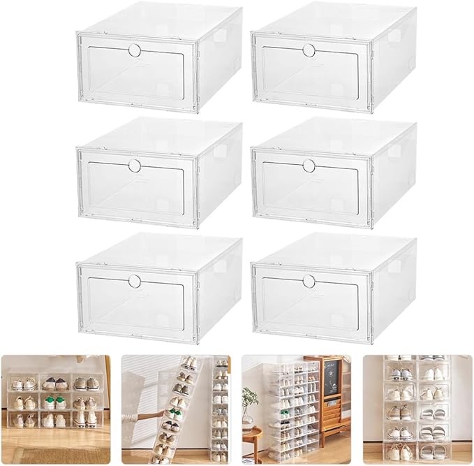 Uonlytech 6pcs Drawer Shoe Storage Boxes Plastic Dustproof Moisture-Resistant Shoe Organizers for Home Closet Stackable Storage Containers