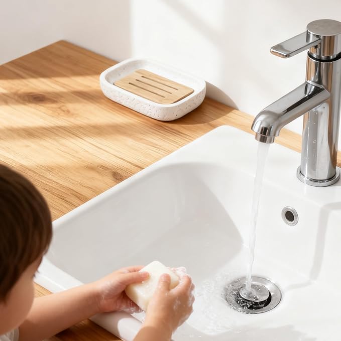 Soap Dish, Resin Wooden Double-Layer Drainage Bathroom Soap Dish, Suitable for Showers, Bathroom Sinks, and Kitchen Countertops (White)