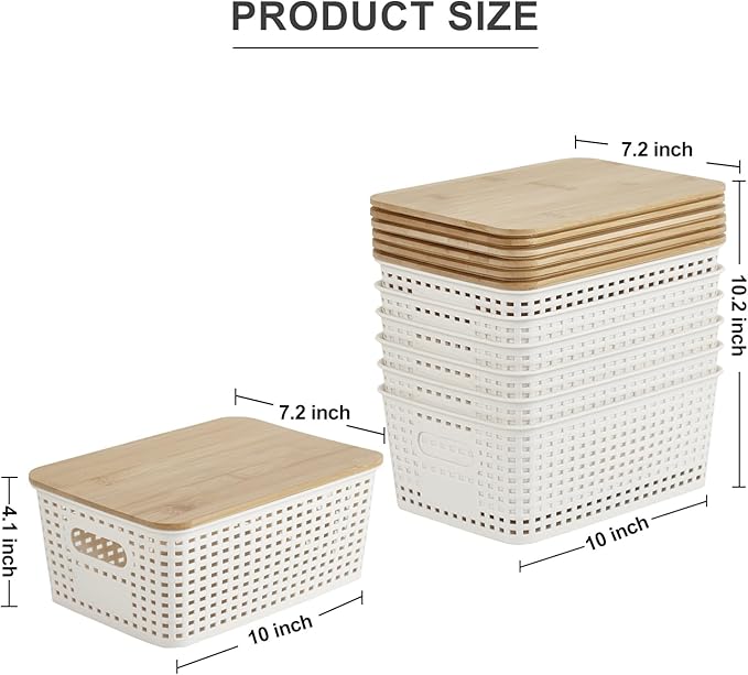 Bagnizer Small Plastic Storage Bins with Bamboo Lids 5.2qt Stackable Box Basket Pantry Decorative Containers Cute with Labels for Organizing Desktop Closet Office Cream White of 6 packs 10*7.2*4.1"