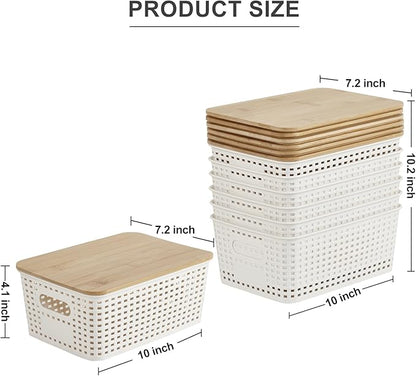Bagnizer Small Plastic Storage Bins with Bamboo Lids 5.2qt Stackable Box Basket Pantry Decorative Containers Cute with Labels for Organizing Desktop Closet Office Cream White of 6 packs 10*7.2*4.1"
