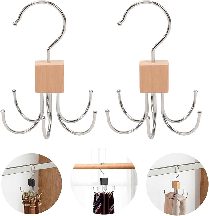 2Pcs Belt Hanger with Wood, 360° Rotatable Belt Organizer | Hold Up to 24 Belts – Hanging Holder Storage Hook for Belt, Bra, Tie, Scarf, Purse & Tank Tops