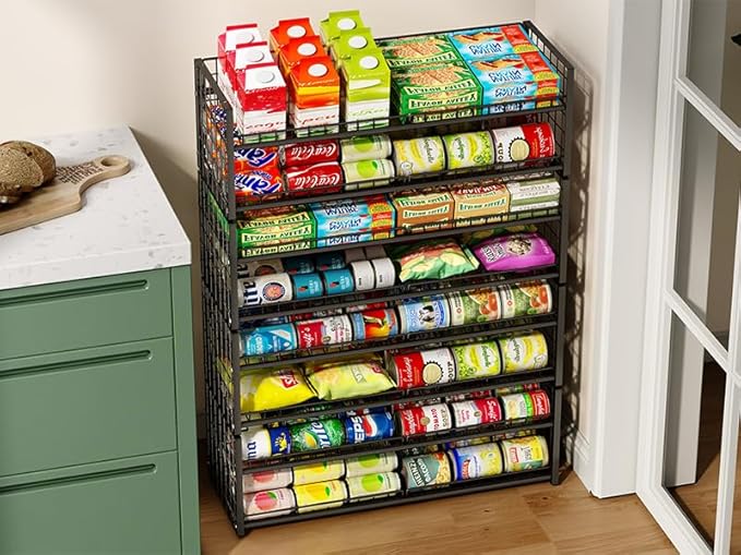 3 Tier Stackable Can Rack Organizer for Pantry Shelf, Adjustable Extra-Long Can Holder for Kitchen Storage, Sturdy Standing Rolling Can Dispenser for Canned Food Goods Drink Soup up to 96, Black