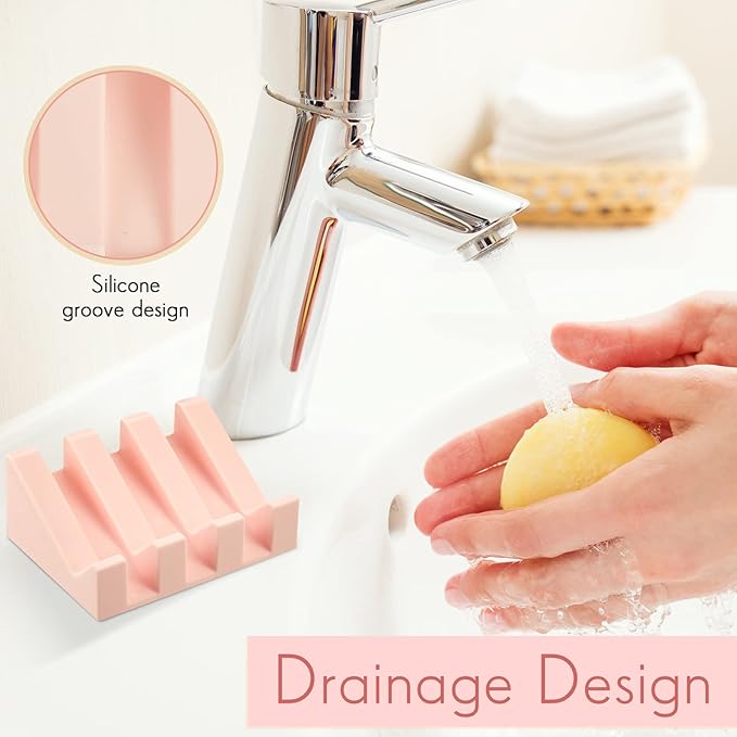 Cunhill 2 Pieces Silicone Soap Dish Self Draining Soap Dish Shower Waterfall Bar Soap Holder Tray with Drain Soap Saver for Kitchen Bathroom Accessories (Light Pink,Bright White)