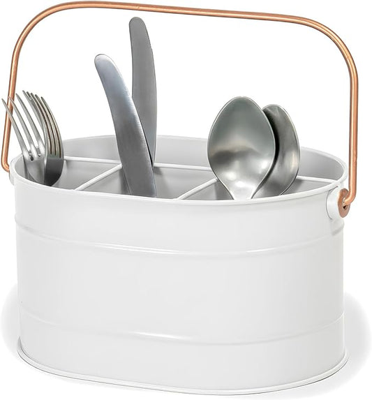 Red Co. 10" x 7" Enameled Metal Utensil Caddy & Countertop Flatware Organizer with Handle, Farmhouse White/Rose Gold