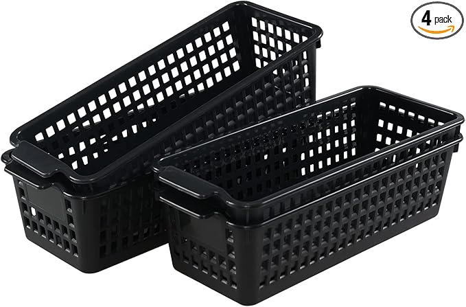 4 Pcs Slim Plastic Storage Baskets Tray for Organizing, 12.4 x 5.1 x 3.5 Inch Small Storage Bins, Stackable Drawer Containers Trays Holder for Desk Garage Office (Black)
