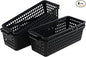 4 Pcs Slim Plastic Storage Baskets Tray for Organizing, 12.4 x 5.1 x 3.5 Inch Small Storage Bins, Stackable Drawer Containers Trays Holder for Desk Garage Office (Black)