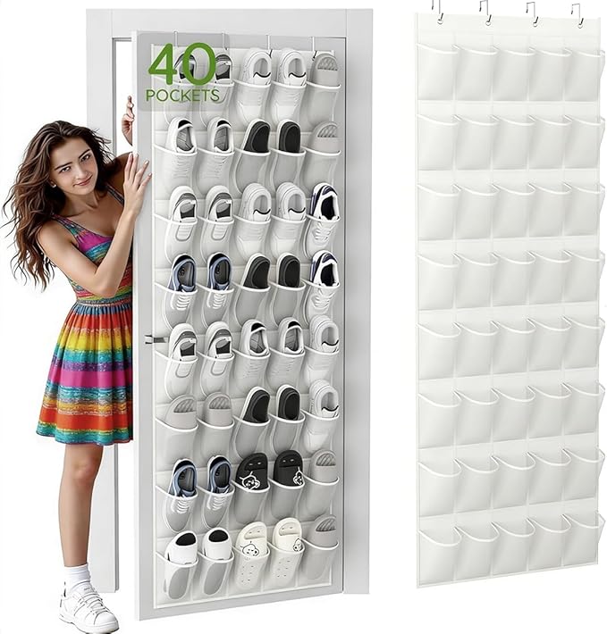 40 Over the Door Shoe Organizer Large Breathable Mesh Pocket Clear White Hanging Shoe Rack for Closet Behind Door Hanger Storage Holder 40-Pocket Over the Door Shoe Organizer