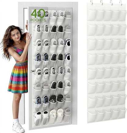 40 Over the Door Shoe Organizer Large Breathable Mesh Pocket Clear White Hanging Shoe Rack for Closet Behind Door Hanger Storage Holder 40-Pocket Over the Door Shoe Organizer