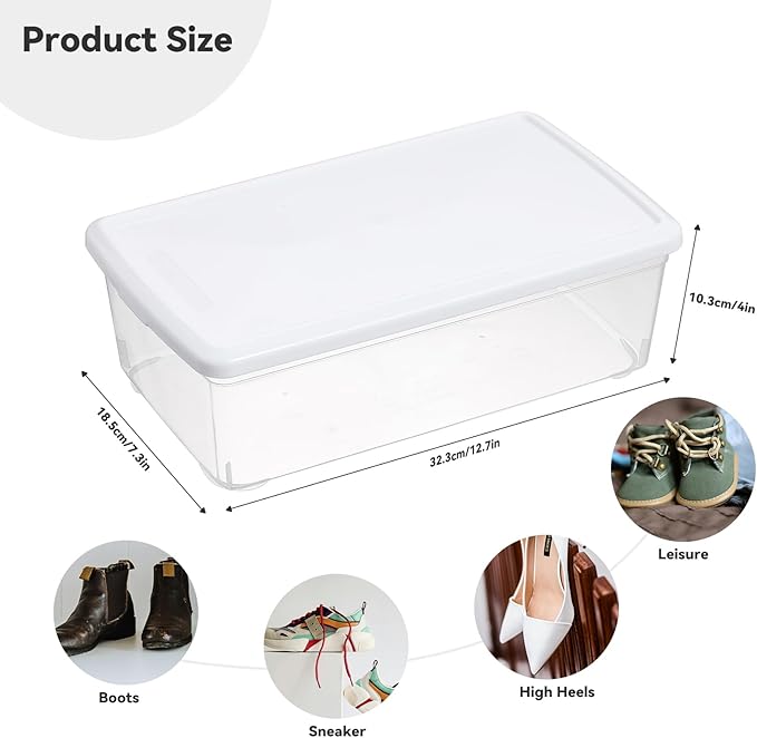 novelinks 8 Pack 6 Quart Clear Plastic Storage Bins with Lids, Stackable Shoe Boxes Plastic Storage Container, Organizer Bins for Shoes Organization (White)