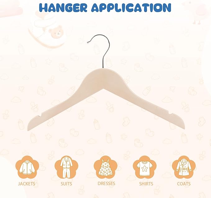 Kids Wood Hangers Without Bar, 24 Pack Baby Children Wooden Hangers with 360° Rotatable Hook for Dress, Coats, and Jacket, Space-Saving Design for Toddler Closet Organization(Natural)