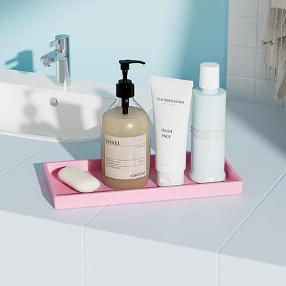 Vanity and Bathroom Tray, 9.8" ABS Countertop Organizer,Waterproof Vanity Tray for Toilet Tank,Perfume,Soap,Keys,Bathroom Accessories,Kitchen and Bath Trays,Non Slip Small Trays,Pink