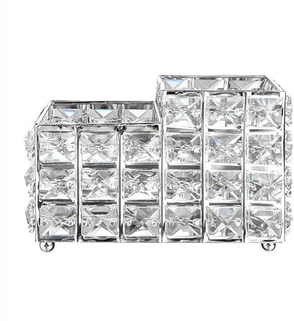 LUEXBOX Crystal Makeup Brush Holder, One-Piece Square Brush Organizer, Cosmetics Brush Storage Container for Table, Dresser, Bathroom, Bedroom Organization (Silver)
