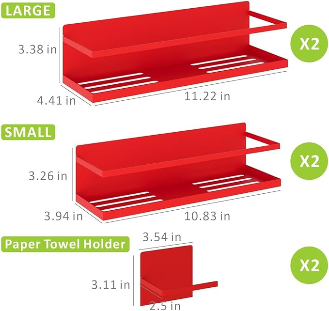 Magnetic Spice Rack For Refrigerator, Space Saving Magnetic Shelf For Fridge Red 4 Pack With Magnetic Paper Towel Holder
