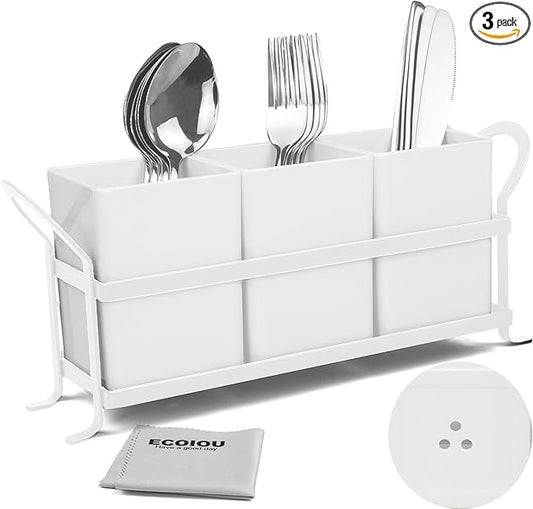ECOIOU Cutlery Holder with Drain Holes, Silverware Caddy for Party, kitchen counter, 3pcs Bins Set Countertop Utensil Holder for Spoons, Forks and Knives, White
