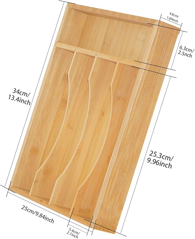 Krismax Bamboo Silverware Drawer Organizer，5 slots Wood Storage Containers, Junk Drawer Divider Organzers, Untensils Cutlery Tray, Kitchen Flatware