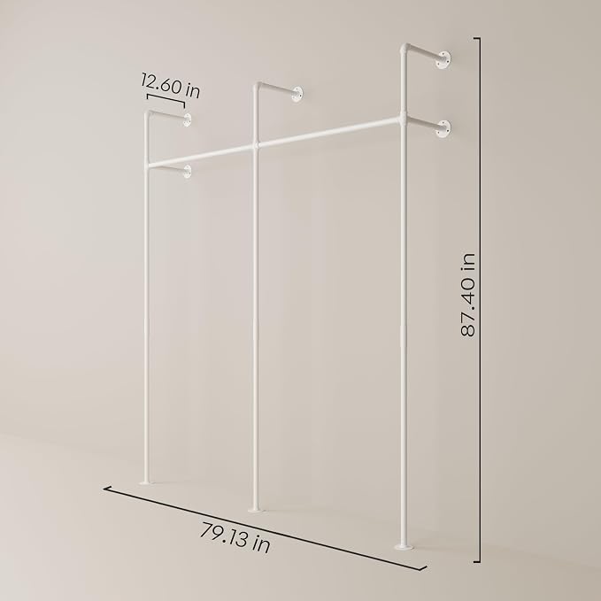 pamo White Clothing Rack Wall Mounted – Pipe Closet System in White Powder-Coated Steel – 79" W × 87" H, 530 lbs – Walk-In Closet & Bedroom