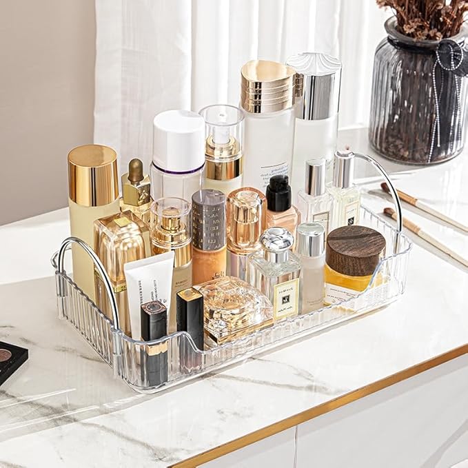 Clear Vanity Tray Organizer - 1 Tier for Bathroom Counter, Skincare & Makeup, Toiletries, Lotions, Perfumes