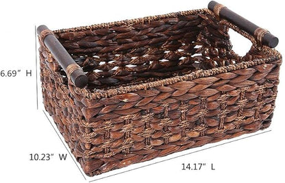Storage Basket made by Water Hyacinth with Wood Handles, Arts and Crafts. (RectangleA-Large)