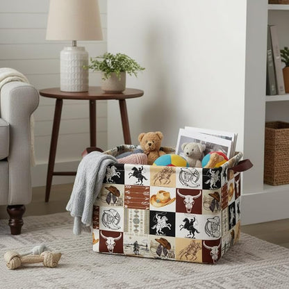 Western Cowboy Storage Basket Waterproof Canvas Toy Storage Bin Western Home Decor Collapsible Outdoor Basket with Leather Handles Western Decor Blanket Baskets For Closets,Bedrooms,Gifts Baskets