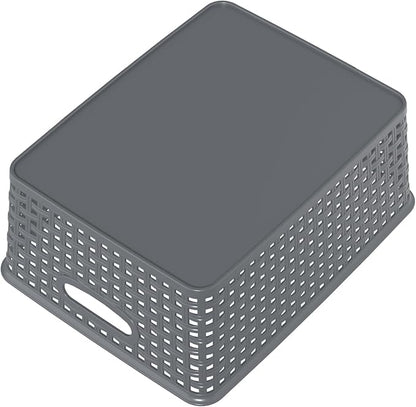 Set of 4 Plastic Woven Storage Baskets, 11.41" x 8.86" x 4.6", Pantry Kitchen Organizer Bins, Gray