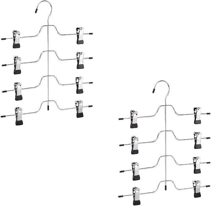 HUJI Sturdy 4 Tier Trouser Skirt Pants Hanger Chrome and Black Vinyl (Set of 2, 4 Tier Trouser Hangers)