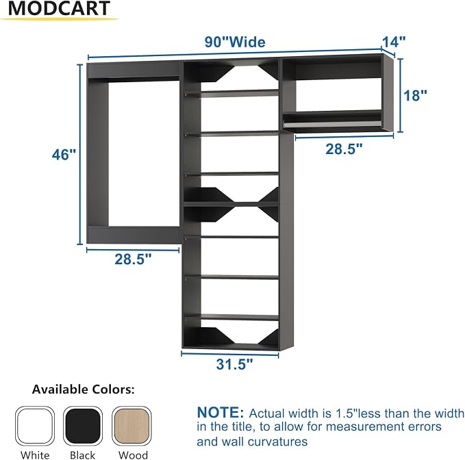 Modular Wardrobe Organizer, 90" Wide with Towers and Hanging, Wooden Storage for Walk-In Closets, Wall-Mounted, Black