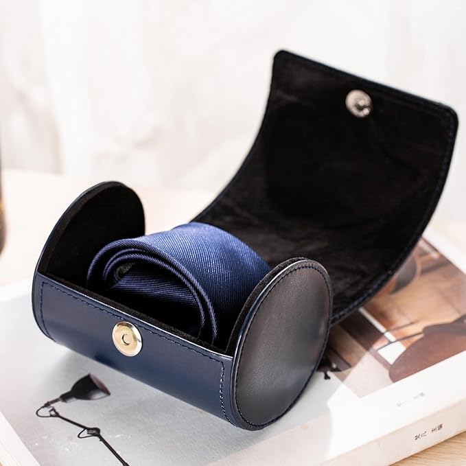 Tie Box for Men 's PU Ties case Necktie Organize Cylinder Leather Men’s Storage Portable Tie Roll for Travel Business Gifts (Dark Blue)