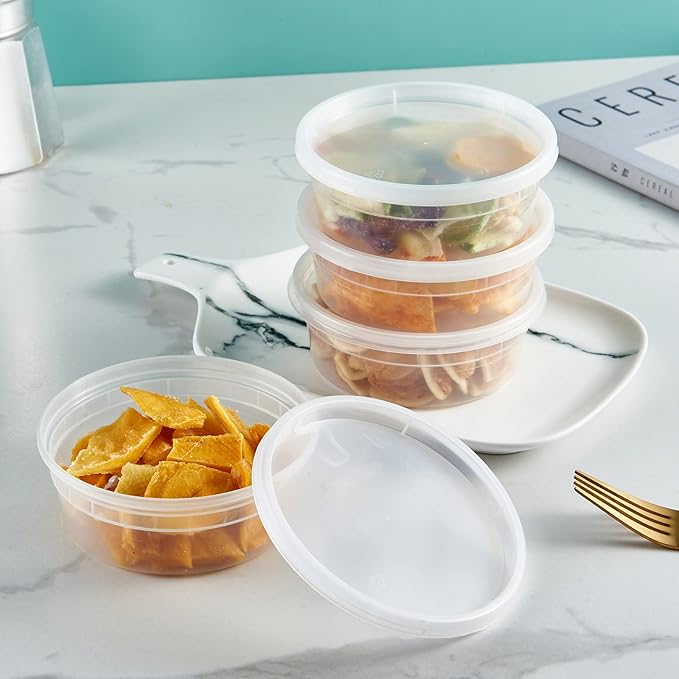 Jaluxing 8 oz. Plastic Deli Containers With Lids, 48 Sets - Leakproof, Stackable, BPA Free, Microwavable, Freezer Safe (Formerly FULING)