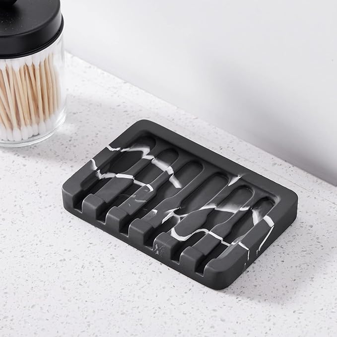 INIUNIK 2PCS Self Draining Soap Dish - Marble Look Soap Holder Tray Savers Box Container Sponge Holder for Bathroom Shower Kitchen, Black