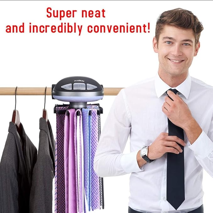Motorized Tie Rack Stores Up to 50 Ties– Closet Organizer, Holds & Displays Up to 50 Ties Or Belts, Rotation Operates with Batteries. Great Gift Idea for Fathers Day