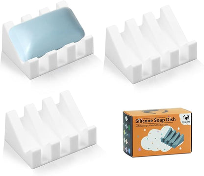 Self Draining Soap Dish Holder,Silicone Soap Dish,for Bathroom,Kitchen, Sponges，Can Extend Soap Life，Keep Soap Bars Dry and Easy Cleaning (N-White,3-Pack)