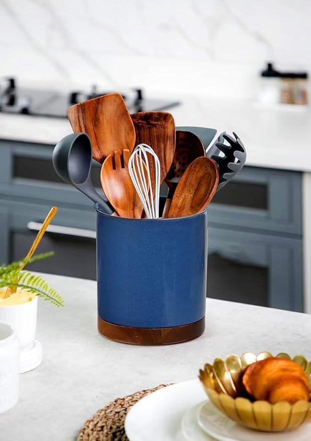 Nucookery 360°Rotating Utensil Holder, 7.2" Large Utensil Crock, White Ceramic Cooking Utensil Organizer,Farmhouse Kitchen Decor Christmas Thanksgiving Gift (Royal blue)