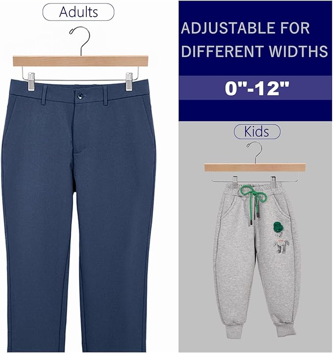 Amber Home 10 Pack Wooden Pants Hangers with Clips, 14" Natural Wood Skirt & Trouser Hangers, Closet Hangers for Jeans, Slacks, Shorts, with 2-Adjustable Clips (Natural, 10)