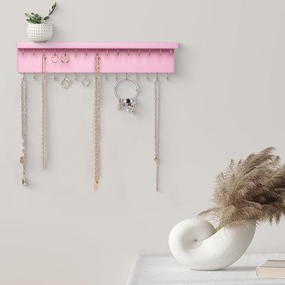 SANY DAYO HOME Pink Necklace Holder Jewelry Organizer with 30 Hooks, 15 x 3 x 4 inches Wall Mount Rustic Pine Wood Shelf for Necklace, Hair Bow Storage