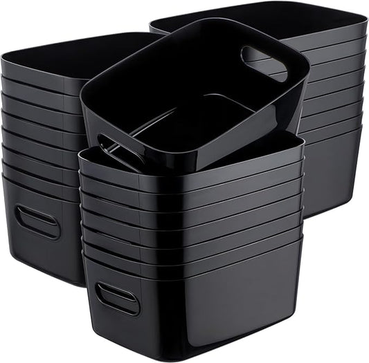 Leinuosen 21 Pack Plastic Storage Baskets Plastic Storage Bins Pantry Organizer Bins for Kitchen Freezer Cabinet Closet Bathroom Under Sink Laundry Room Bedrooms Countertops Shelve(Black)