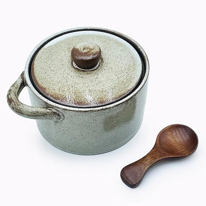 12 oz Ceramic Salt Cellar with Lid & Wooden Spoon,Countertop Salt Container,Sugar Bowl,Spices Jar| Artisan Kitchen Decor(Coarse Pottery)