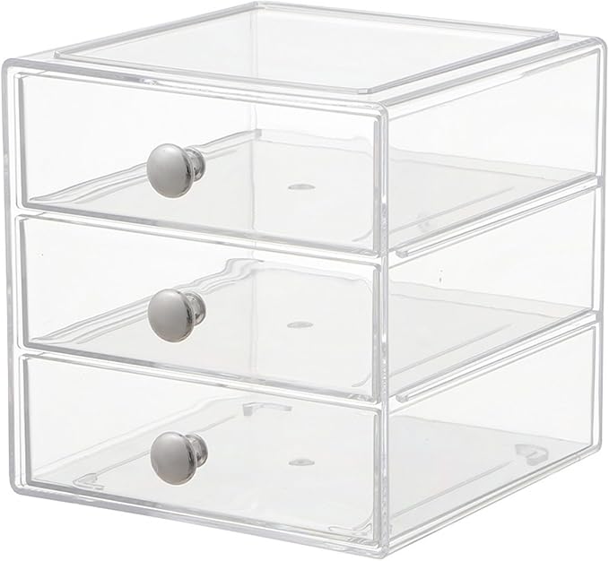AJIODA Makeup Drawer Organizer Box with 3 Drawers, Acrylic Cosmetic Display Case Vanity Organizer Jewelry Storage Box Stackable Storage for Cosmetics, Skin Care, Bathroom, Countertop, Silver Handle