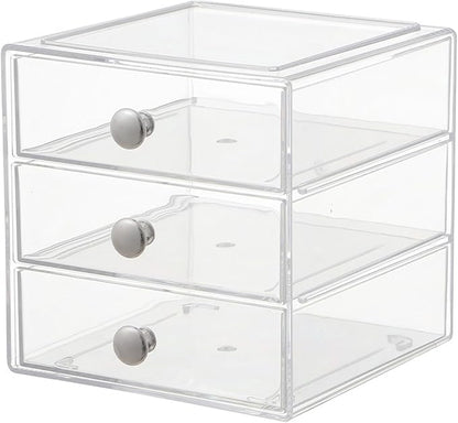 AJIODA Makeup Drawer Organizer Box with 3 Drawers, Acrylic Cosmetic Display Case Vanity Organizer Jewelry Storage Box Stackable Storage for Cosmetics, Skin Care, Bathroom, Countertop, Silver Handle