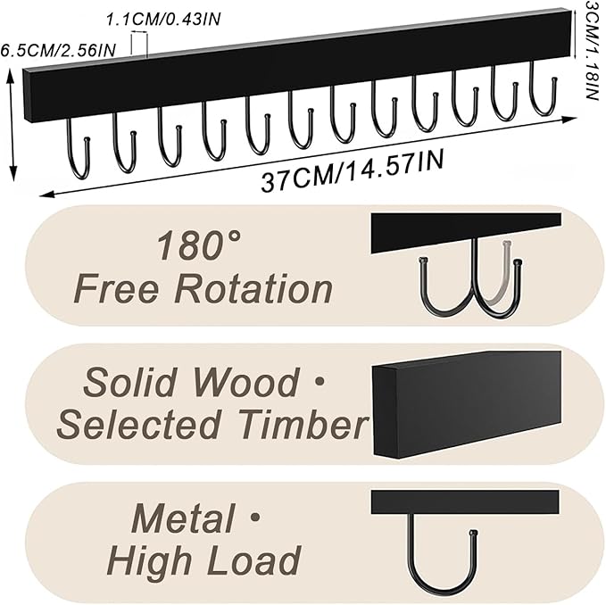 Belt Hanger Wall Mount 2 Pack, Wooden Closet Belt Organizer with 24 Swivel Metal Hooks, Adhesive or Drill Installation, Space Saving Rack for Belts, Ties, Scarves, Camisoles, Tank Tops, Black