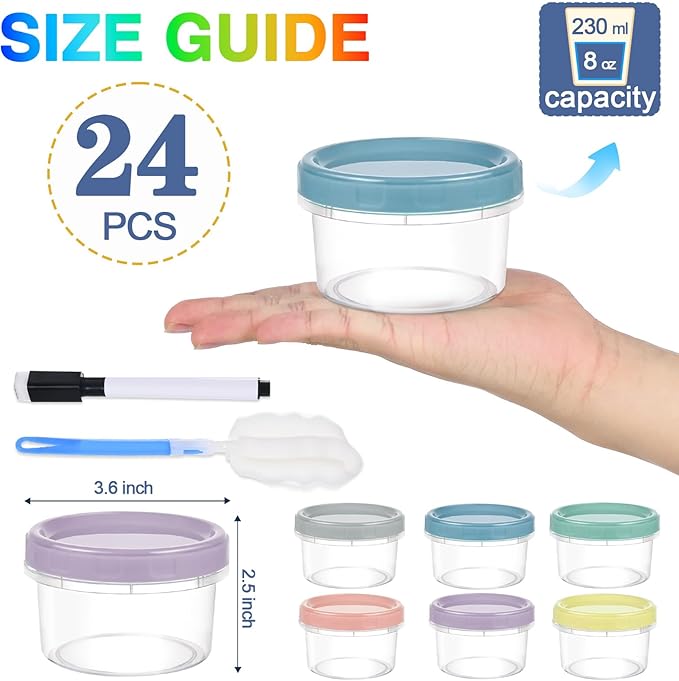 Yomarket 24pcs 8 oz Plastic Containers with Screw Lids, Reusable Clear Food Storage Containers with Pen and Brush for Snack Salad Fruit, Leakproof Small Freezer Containers, Microwave & Dishwasher Safe