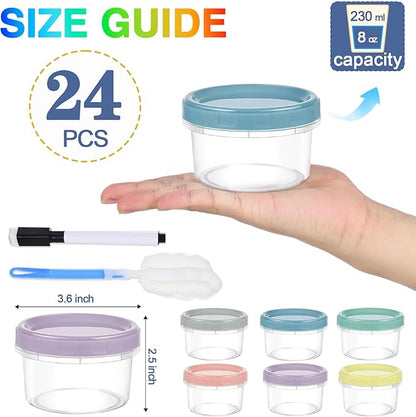 Yomarket 24pcs 8 oz Plastic Containers with Screw Lids, Reusable Clear Food Storage Containers with Pen and Brush for Snack Salad Fruit, Leakproof Small Freezer Containers, Microwave & Dishwasher Safe